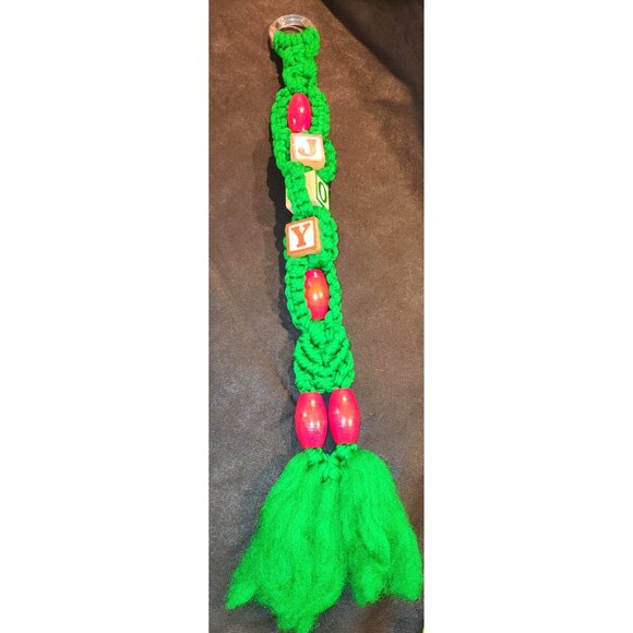 Handcrafted Macrame JOY Decor With Red Beads & Tassels - 23"×3" - Picture 5 of 6